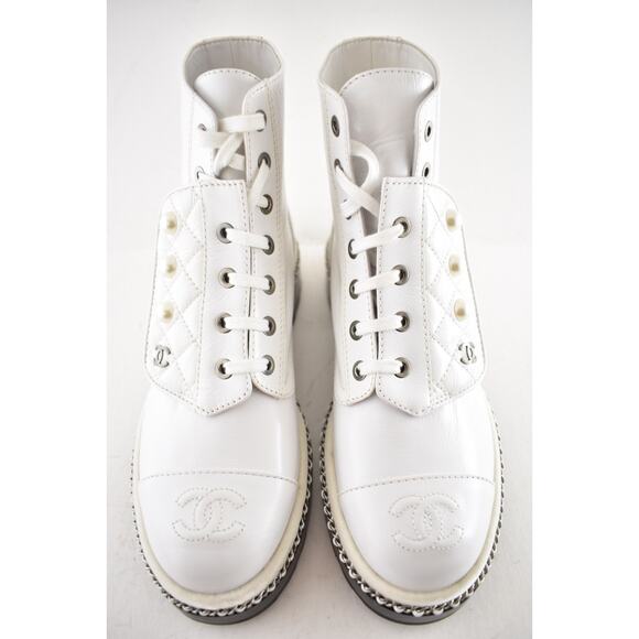 Chanel 18K White Pearl CC Chain Around Combat Lace Up Tie Ankle Short Boots 37 - Picture 7 of 15